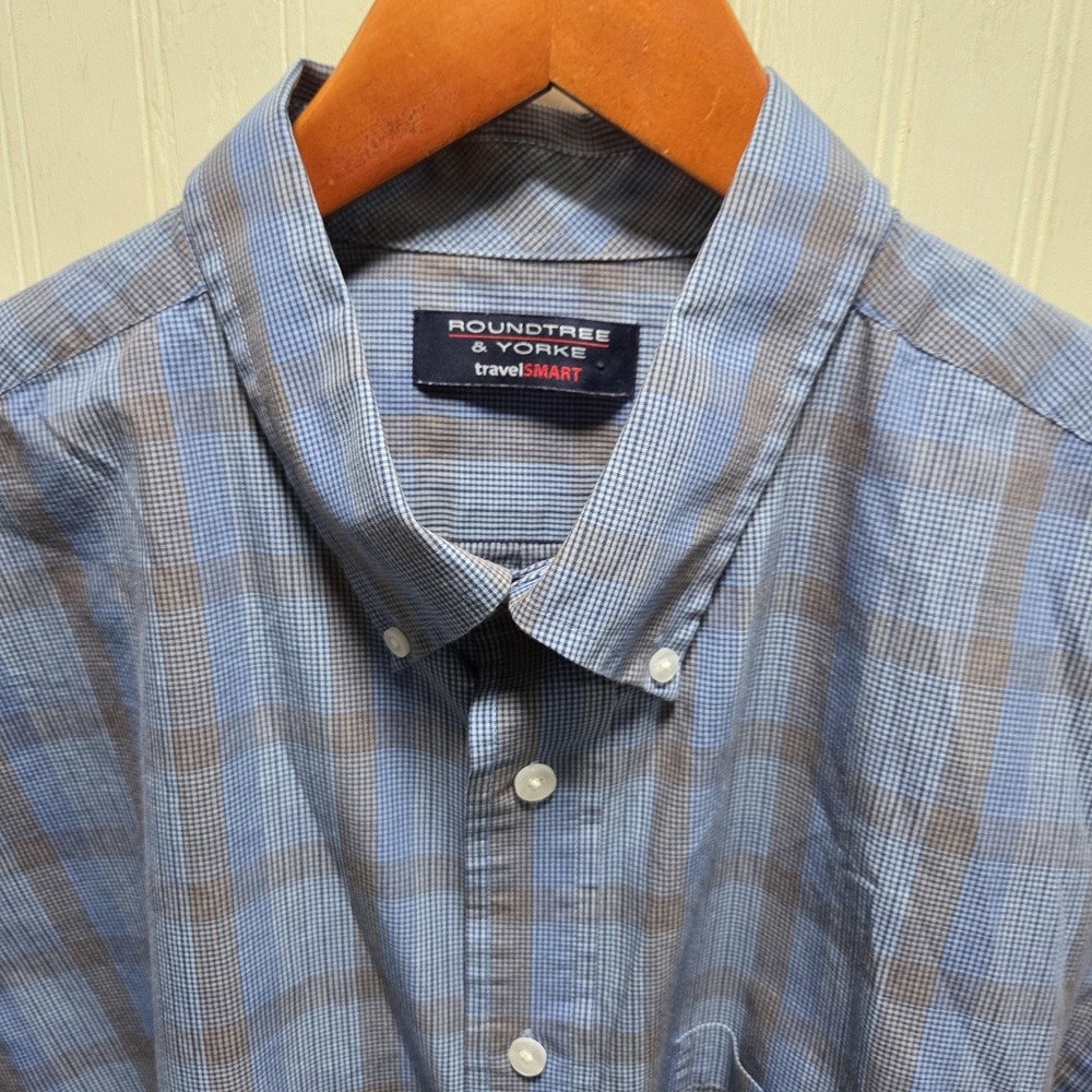 Roundtree & Yorke Shirt Mens XL Blue Plaid Short Sleeve Button‎ Down Pocket